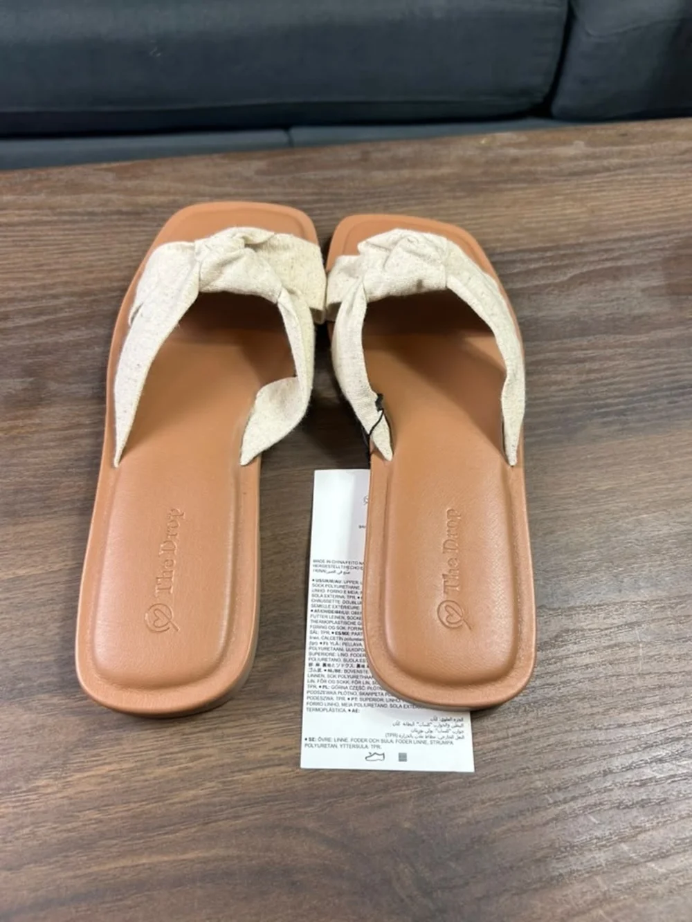 The Drop Women's Tan Slide Sandals with Cream Knot Strap